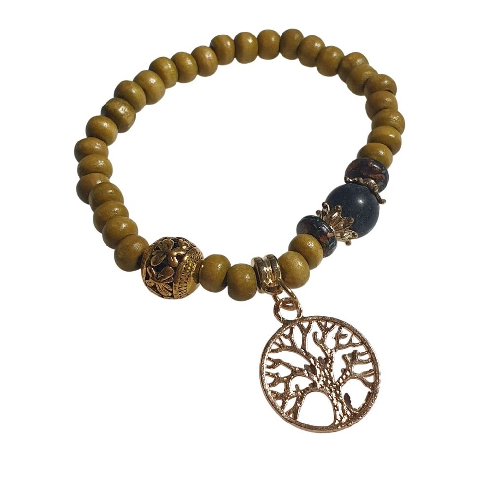 Beaded Tree Of Life Charm Bracelet Gold Accents Boho Beach Core Elastic Stretch